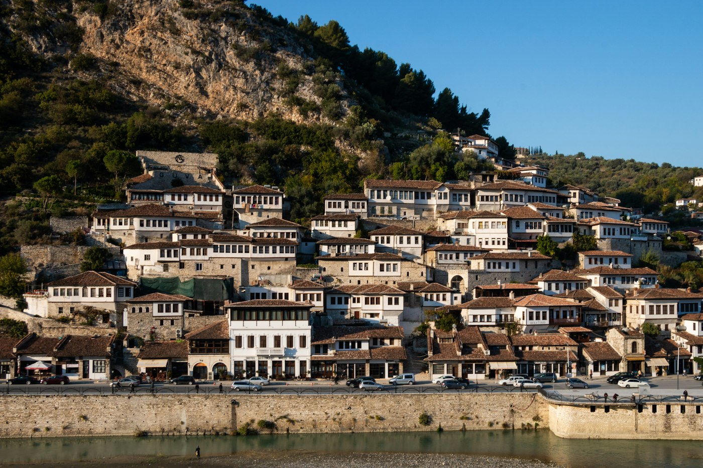 The stacked white Ottoman houses of Berat, a UNESCO-listed day trip from Tirana
